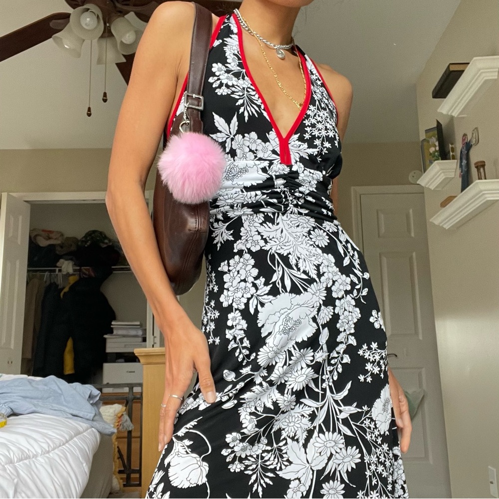 Wet Seal 70’s vintage floral V neck draped sleeveless cocktail dress